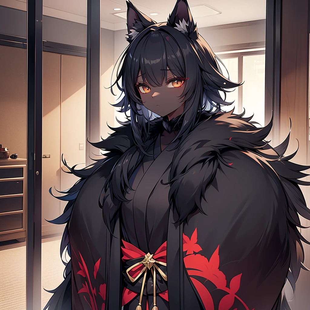 beautiful black furry kimono, in wardrobe, no people