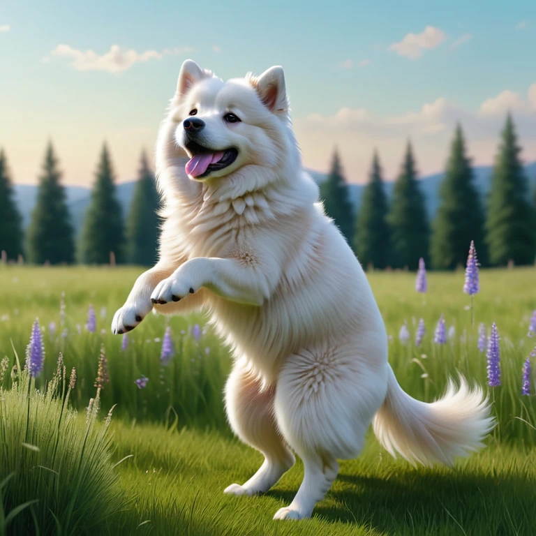 Standing and dancing like a human (Fluffy dog), In the meadow, Ultra-detailed, 8K、Hyperrealism, Sharp frame, Film Studies, Lighting