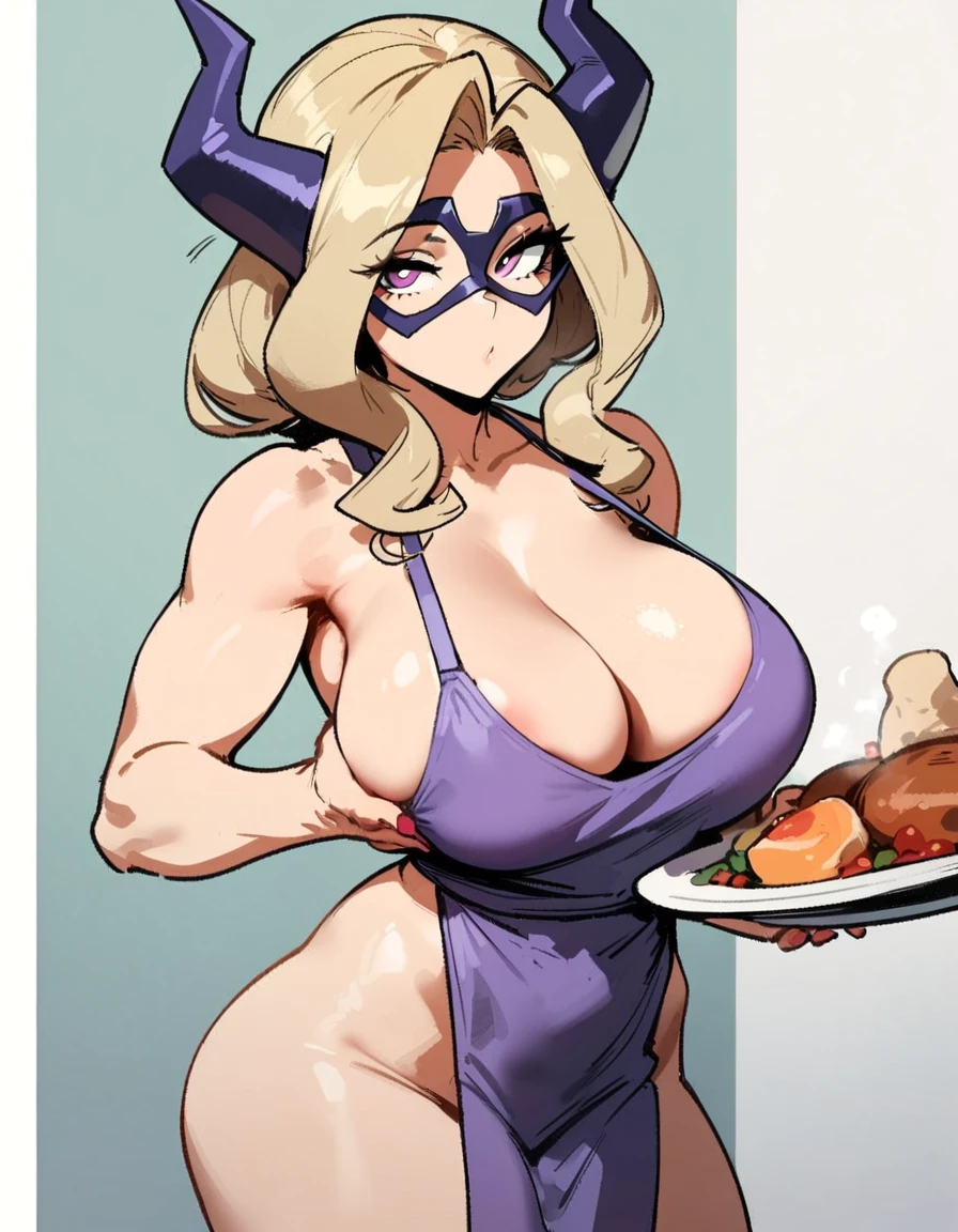 1girl, mount lady, boku no hero academia \\\\\ masterpiece, best quality, very aesthetic, absurdres, newest \\\\\\ sportive body,  \\\\\\  by dodok, nyantcha, cutesexyrobutts, by khyle ///// blonde, purple eyes,   , 24 years old,, wearing only apron, , naked, rating general,,big tits
