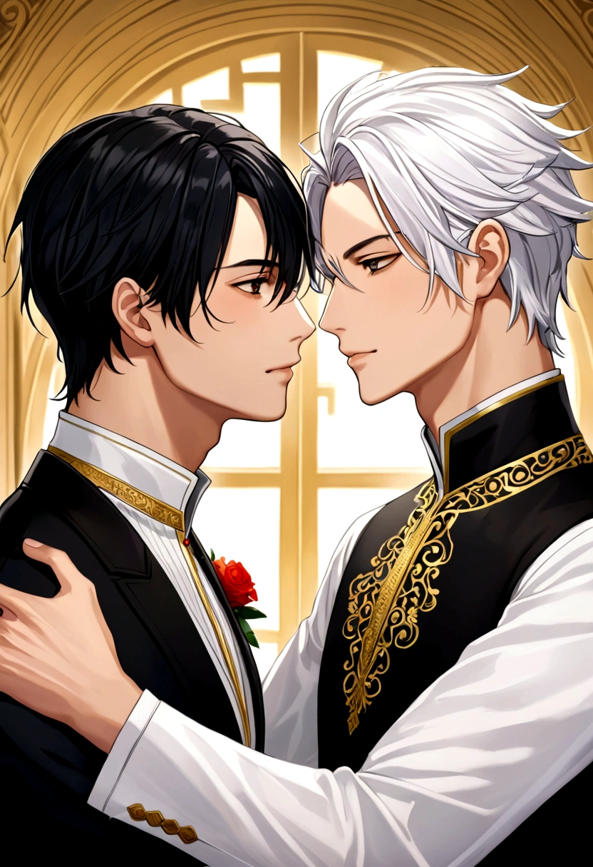 2 men love each other, one with black hair and one with white hair