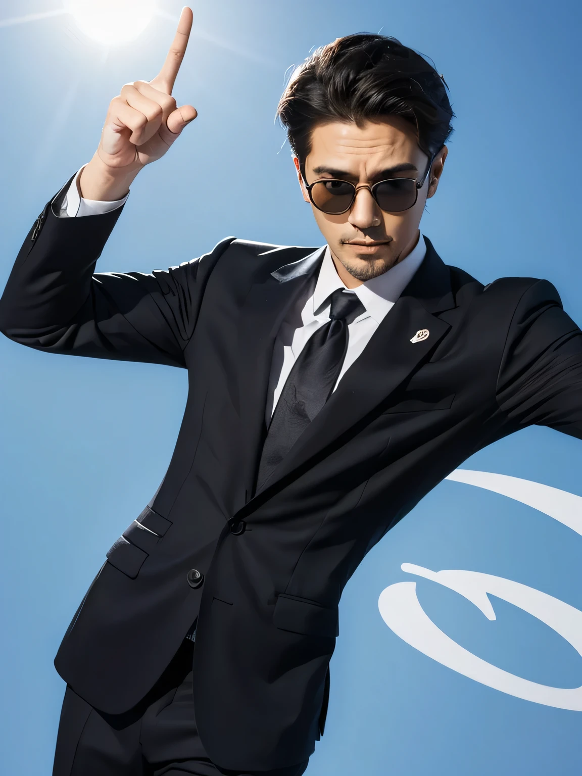 Cartoon style illustration，A man in a suit、Character wearing sunglasses。This guy looks cool.，He raised a finger，Seems to be emphasizing an important message。