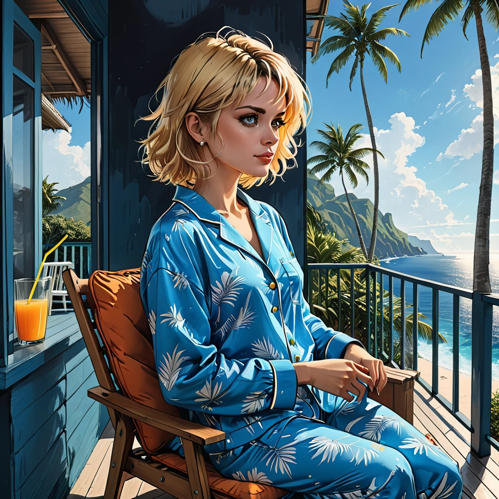 balcony terrace, (High-tech project), minimalism, greatest angle, fish eye, tropical island, palmtrees, ocean, girl sitting on a chair (blue pajamas),  sitting on the porch with juice, profile angle, grown-up, [Nordic], Short Blonde Hair with Pixie Waves,  new comics graphic style, perfect hands, 2d,
8K, Hyper-Realism, work of art, high resolution, best qualityer, ultra detali, super realistico, Hyperrealistic art, high qualiy, ultra high resolution, More Detailed, lot of details, Extremely high resolution details, stunningly lifelike, colorfully, soft cinematic light,