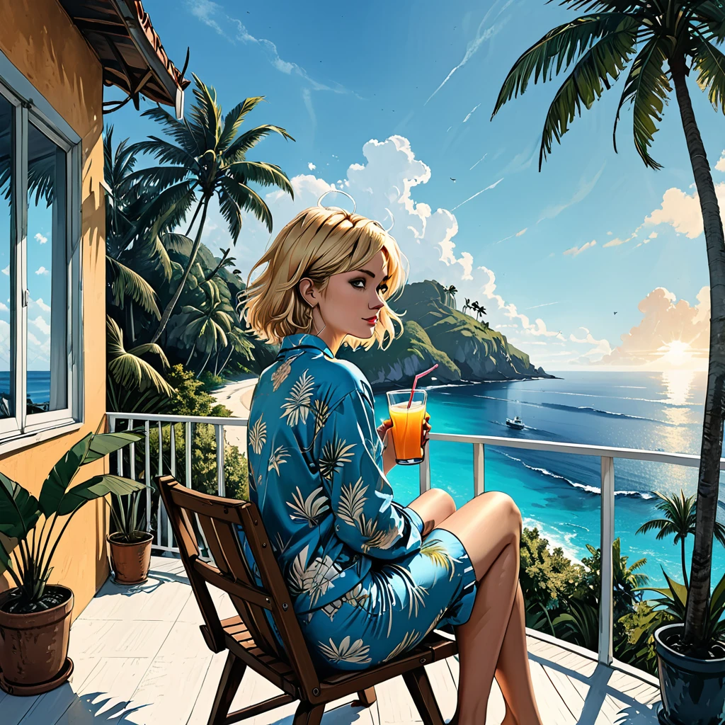 balcony terrace, (High-tech project), minimalism, greatest angle, fish eye, tropical island, palmtrees, ocean, girl sitting on a chair (blue pajamas),  sitting on the porch with juice, profile angle, grown-up, [Nordic], Short Blonde Hair with Pixie Waves,  new comics graphic style, perfect hands, 2d,
8K, Hyper-Realism, work of art, high resolution, best qualityer, ultra detali, super realistico, Hyperrealistic art, high qualiy, ultra high resolution, More Detailed, lot of details, Extremely high resolution details, stunningly lifelike, colorfully, soft cinematic light,