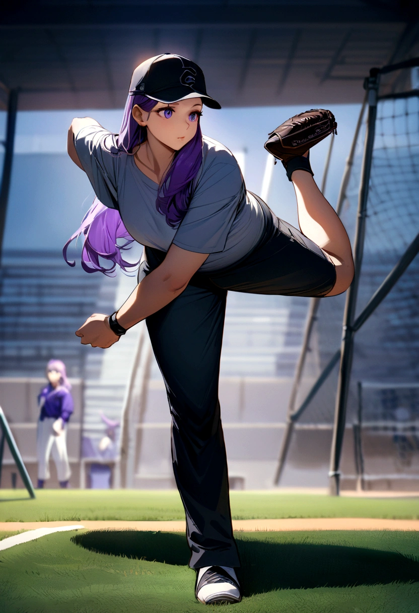 masterpiece, Highest quality, Amazing visuals, High resolution, High resolution, young woman, Beautiful fingers, Beautiful long legs, Beautiful body, tall, (Short T-shirt showing the belly button)(Knee-length skirt)(Baseball glove on left hand), Outdoor, whole body, baseball Ground, Pitcher's Mound, From below, Long Hair, Gray Hair, Green Eyes, (Parted bangs:1.2), Long Hair, Purple Hair, Side Lock, Purple eyes, Blunt bangs, Arfern, How to Throw a Baseball,
