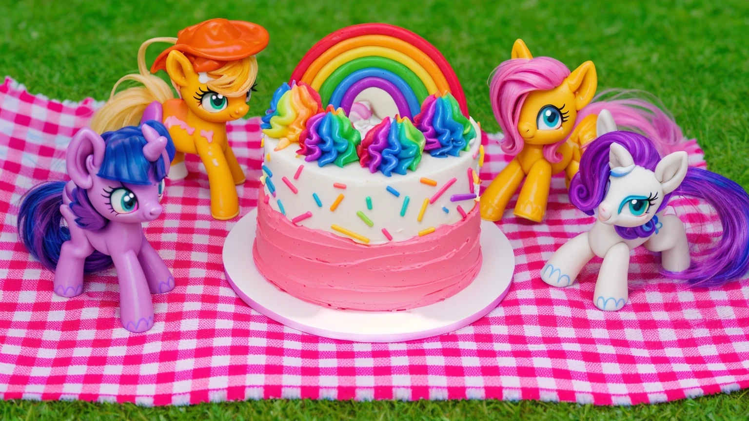 on the grass, on a pink checkered tablecloth. there is a white plate with cake, white and pink cream cake, Rainbow confectionery powder on the cake, top rainbow gradient cream, polymer clay rainbow, рядом стоят пластиковые pony toys из мультфильма My Little Pony, pony toys, beautiful light, sunlight, sunny day, beautiful lighting, bright announcement, several light sources, Realistic style, realistic textures, high quality, high detail, detailed texture, ultra 4k hd