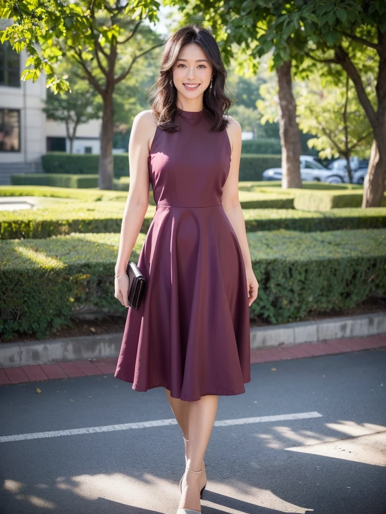 最high quality, 8K, Masseter area, Energetic, Clear focus, high quality, high resolution, Delicate face, Fine particles, thick lips, (Looking at the audience), Solitary, Beautiful woman, 38 years old, Plum, Black hair, (Light colored dress:1.5), afternoon、In front of the park garden,(Standing in the park:1.5)、((Smile:1.5))、((Wearing black high heels))