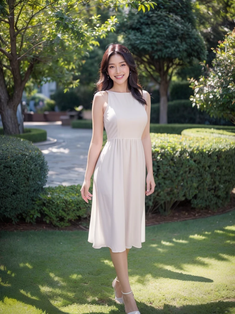 最high quality, 8K, Masseter area, Energetic, Clear focus, high quality, high resolution, Delicate face, Fine particles, thick lips, (Looking at the audience), Solitary, Beautiful woman, 38 years old, Plum, Black hair,  (Light colored dress:1.5), afternoon、In front of the park garden,（Standing in the park：1.5）、((Smile:1.5))、((Wearing black high heels))