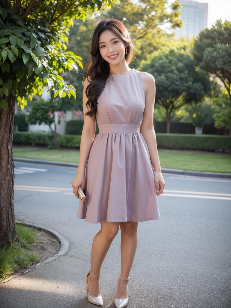 最high quality, 8K, Masseter area, Energetic, Clear focus, high quality, high resolution, Delicate face, Fine particles, thick lips, (Looking at the audience), Solitary, Beautiful woman, 38 years old, Plum, Black hair, (Light colored dress:1.5), afternoon、In front of the park garden,(Standing in the park:1.5)、((Smile:1.5))、((Wearing black high heels))