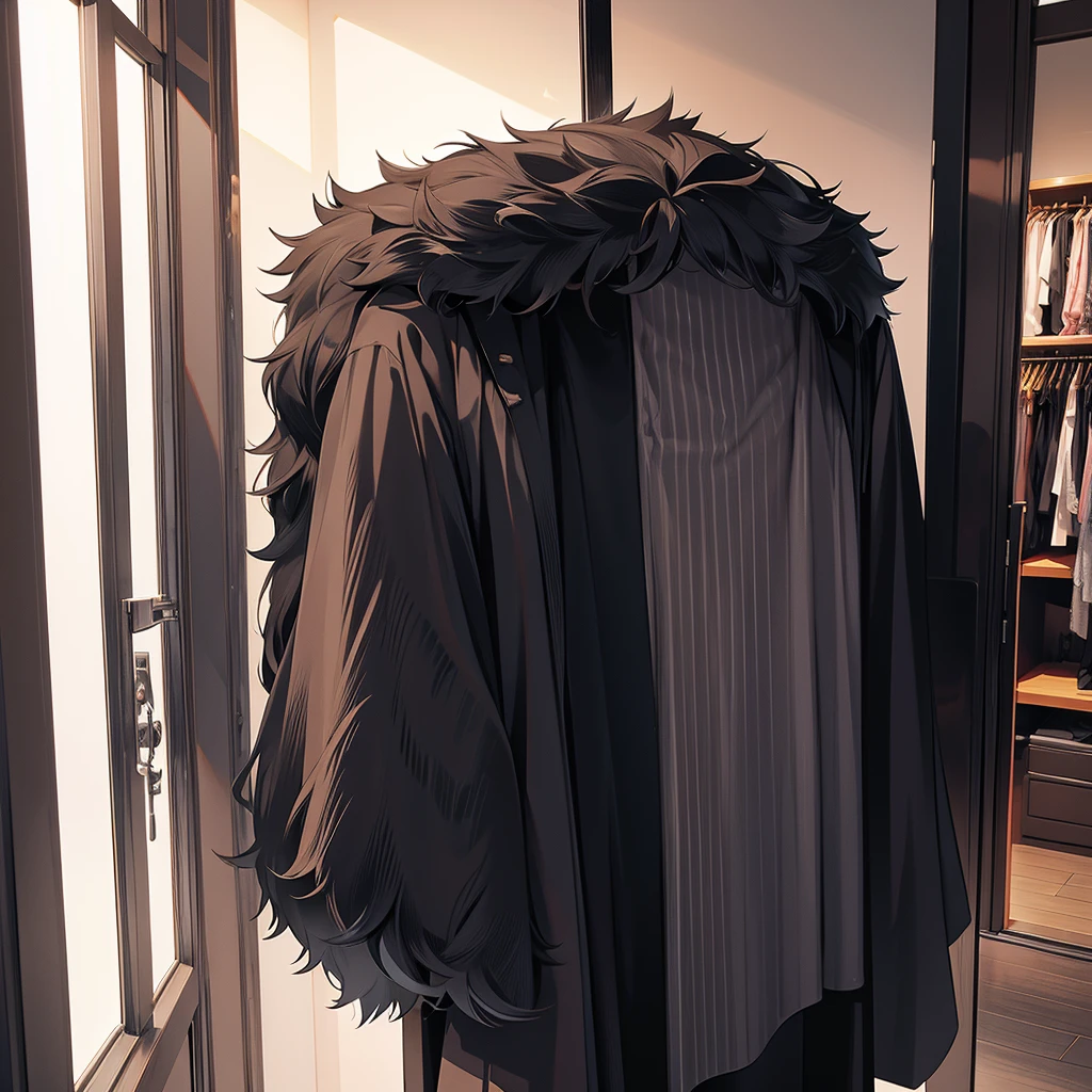 beautiful black furry kimono, in wardrobe, no people