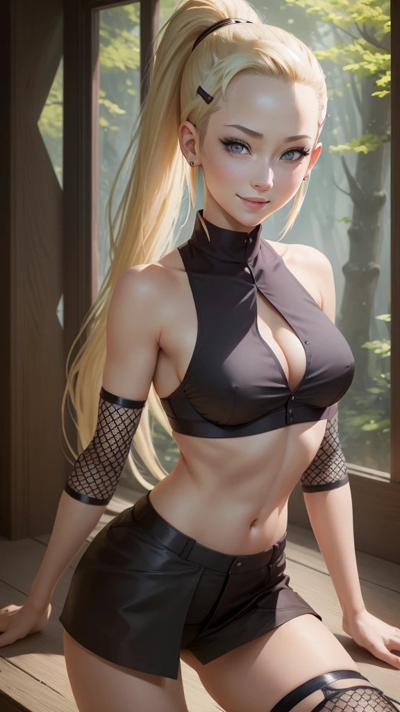 (masterpiece, best quality:1.2), solo, 1girl, yamanaka ino, smile, looking at viewer, hair over one eye, ponytail, hairclip, in black push up bra, fishnets, earrings, midriff, forest 