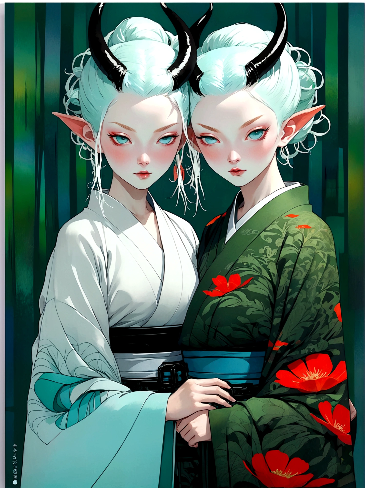 Anime style of two women wearing kimono robes, Nguyen Gia and Joao Nguyen, Loish and ross tran, Loish and Wallop, Krenz Kushat and Lin Wenjun, Mobis + Loish + Wallop, Edgar Maxence and Rose Tran, jazza 和 rossdraws, Rob Ray and Kentaro Miura style
