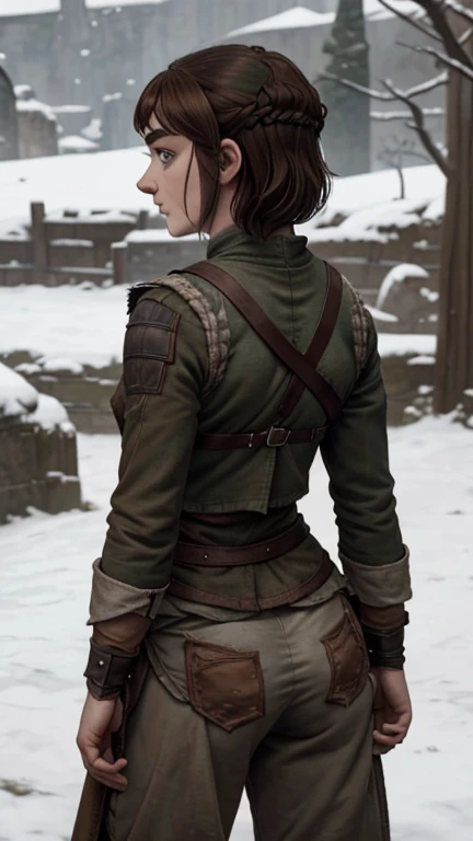 8k, Maisie Williams face, pale skin, toned abs, small breast, round ass, her round ass visible, brown hair, Maisie Williams as Arya Stark, torn ragged peasant clothes, standing stance, winterfell in background, back View