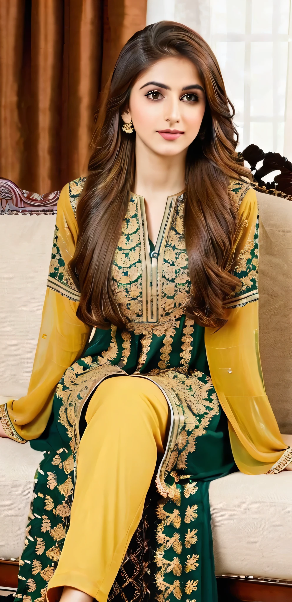 Girl sitting on couch, long brown hair , wearing a Pakistani dress