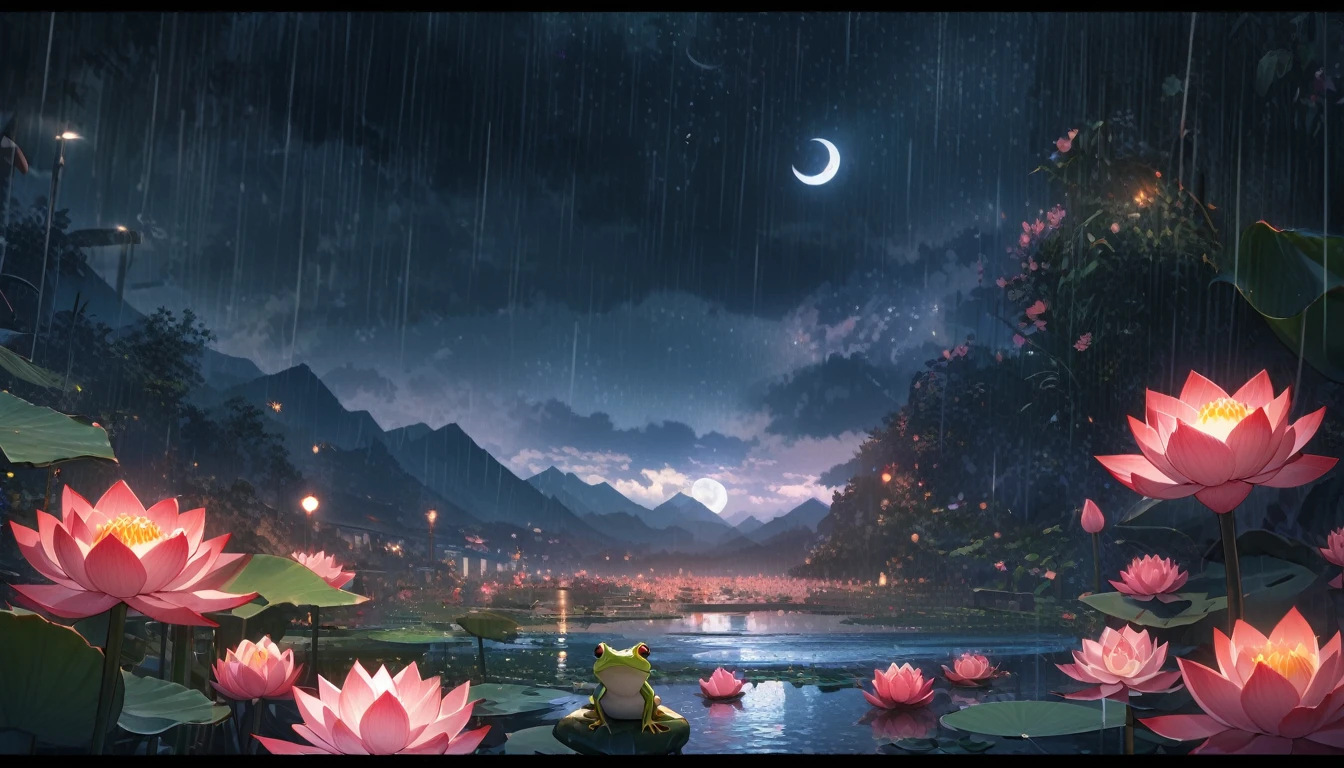 night, Only moonlight illuminates, Crescent Moon, Distant Mountain々, Beautiful large lotus nearby, Big red lotus, There is a water supply next to it, frog, Summer is full of joy, Crescent Moon in the sky mixed with stars, Awesome Wallpapers, rainy night, rainy night, Beautiful and beautiful, movie, High detail ((downpour))), 8K