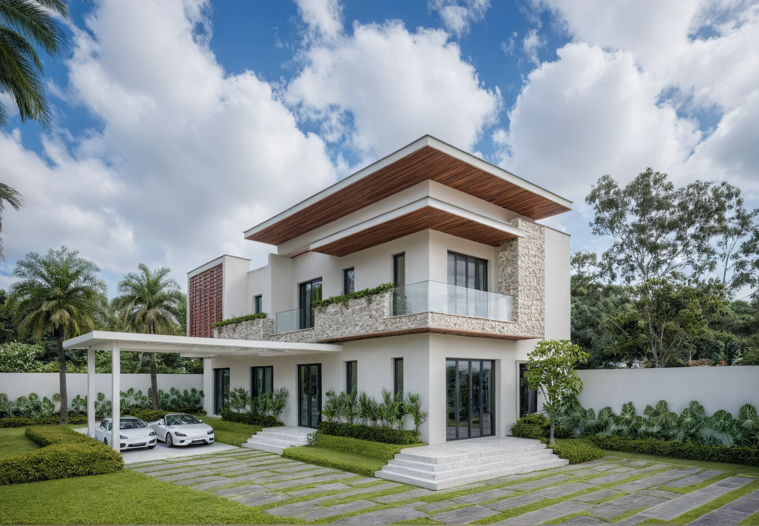 Masterpiece, high quality, best quality, authentic, super detail, outdoors, onestoreyvillaXL, aiai, aiaigroup, wall stone,  house style modern on the street ,stairs, white wall ,road,pavement, grass, trees, sky, cloud, (daylight:1.1)
