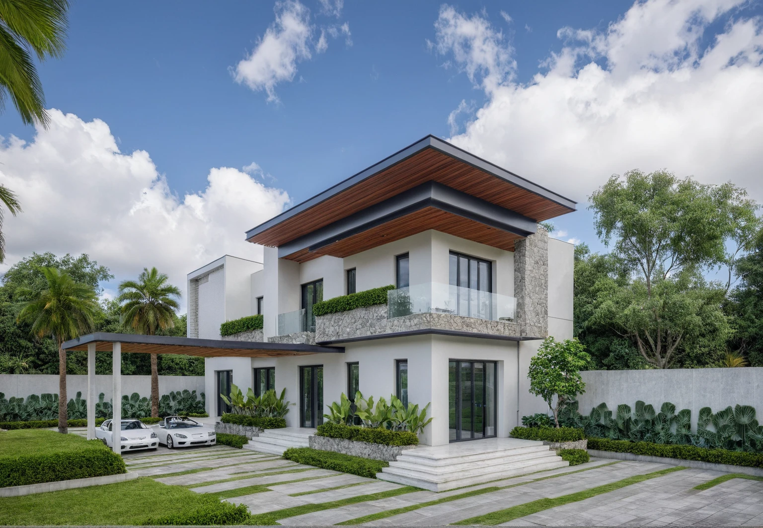 Masterpiece, high quality, best quality, authentic, super detail, outdoors, onestoreyvillaXL, aiai, aiaigroup, wall stone, house style modern on the street ,stairs, white wall ,road,pavement, grass, trees, sky, cloud, (daylight:1.1)