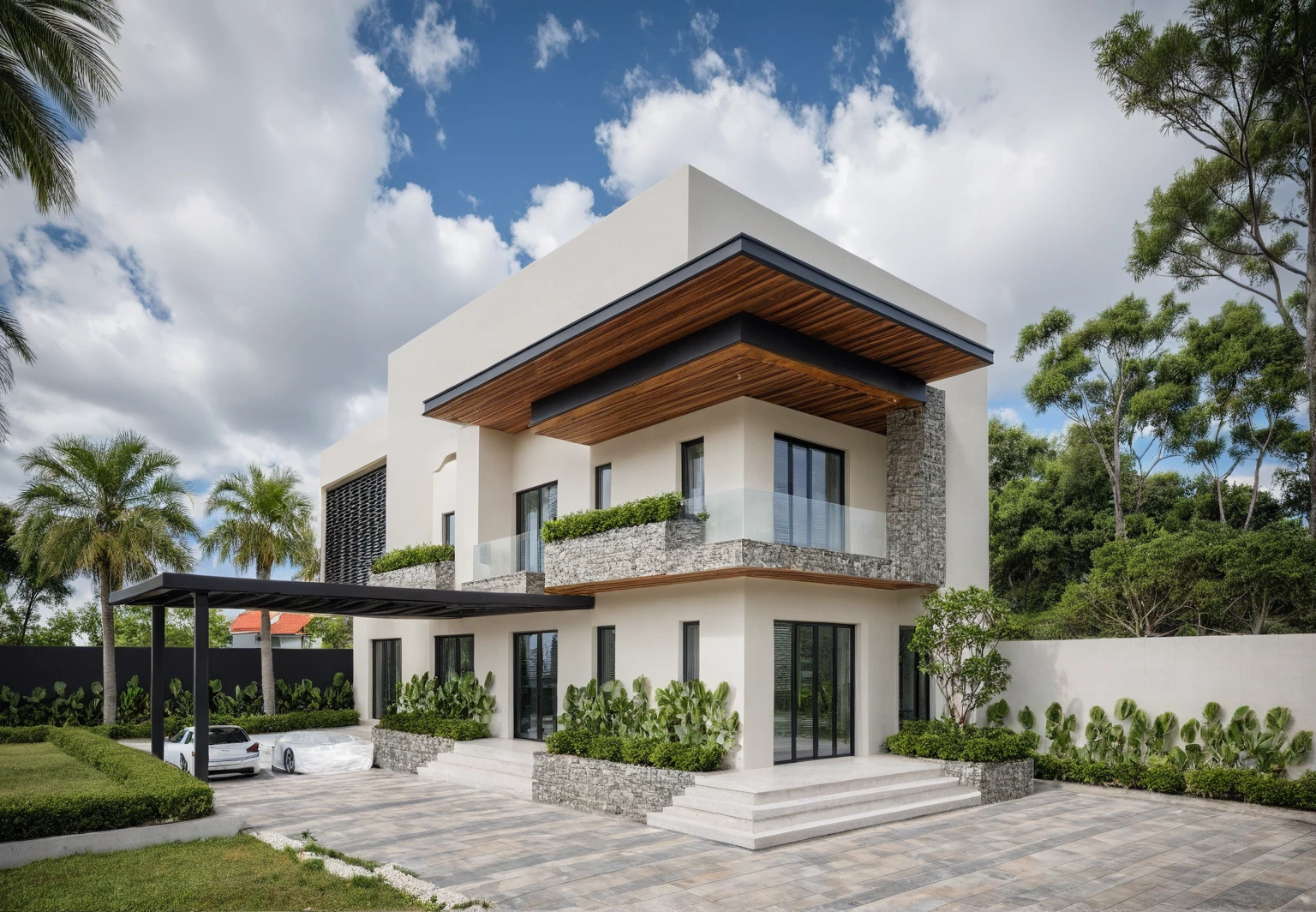 Masterpiece, high quality, best quality, authentic, super detail, outdoors, onestoreyvillaXL, aiai, aiaigroup, wall stone, house style modern on the street ,stairs, white wall ,road,pavement, grass, trees, sky, cloud, (daylight:1.1)