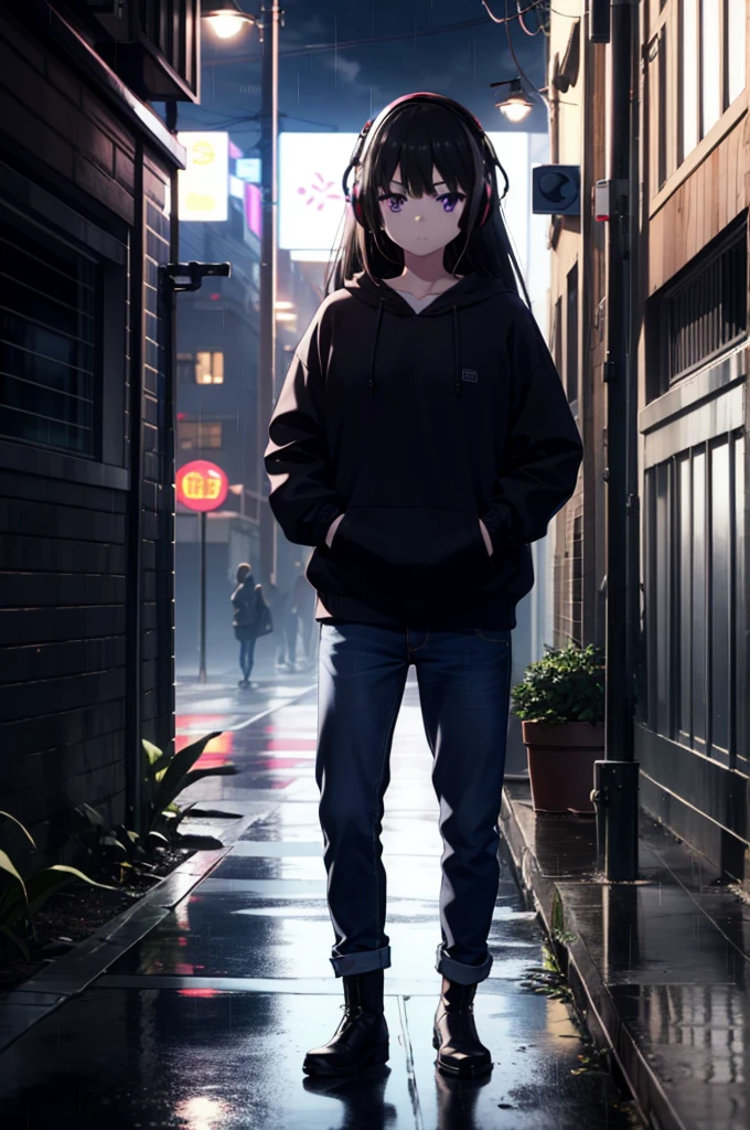 Takiuchikami, Check it out, Long Hair, bangs, Black Hair, (Purple eyes:1.2),Oversized blue hoodie,Wired headphones,jeans,short boots,Standing leaning against a wall,,Hiding in a roofed building,whole bodyがイラストに入るように,rain,cloudy,night,
break outdoors, Building district,
break looking at viewer, whole body,
break (masterpiece:1.2), Highest quality, High resolution, unity 8k wallpaper, (figure:0.8), (Beautiful attention to detail:1.6), Highly detailed face, Perfect lighting, Highly detailed CG, (Perfect hands, Perfect Anatomy),