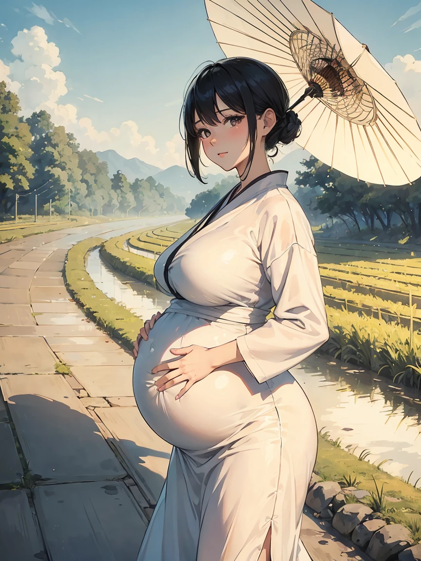 masterpiece, Highest quality, Super detailed, Best Shadow, Beautifully detailed face,  High Contrast,Modern Japan、A beautiful 40-year-old pregnant woman in a white button-up dress. Walking along a Japanese country road surrounded by rice fields. parasol. Big breasts. BIG ASS. Saggy breasts. Short black hair. Sunny weather. buzzer. Sweat. Beige underwear showing through.