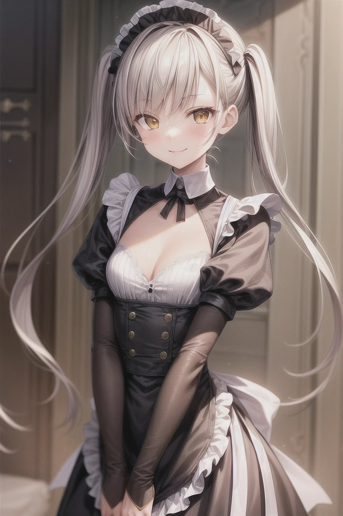 masterpiece, best quality, (illustration), solo, 1girl, twintails,small size, yellow-orange eyes,long hair, white hair, eyebrows, parted bangs, maid breasts, maid outfit, standing, upper body, smile, sexy, (looking at viewer), (close_up:0.85)