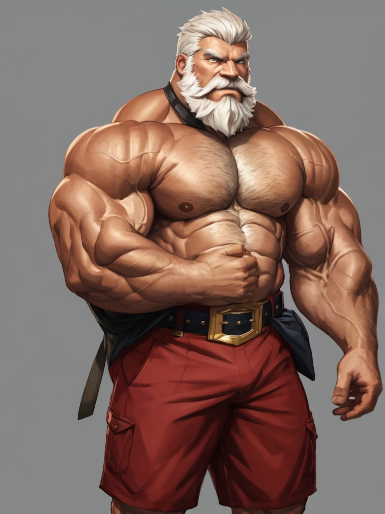 solo, 1boy, Huge Muscular Old man wearing chanpion belt , pectoral, thick arms, huge pectoral, wide pectoral, short white hair, short pants and shirtless, bearded, simple background, masterpiece, semirealistic:1.2, high detailed, 8k, high resolution