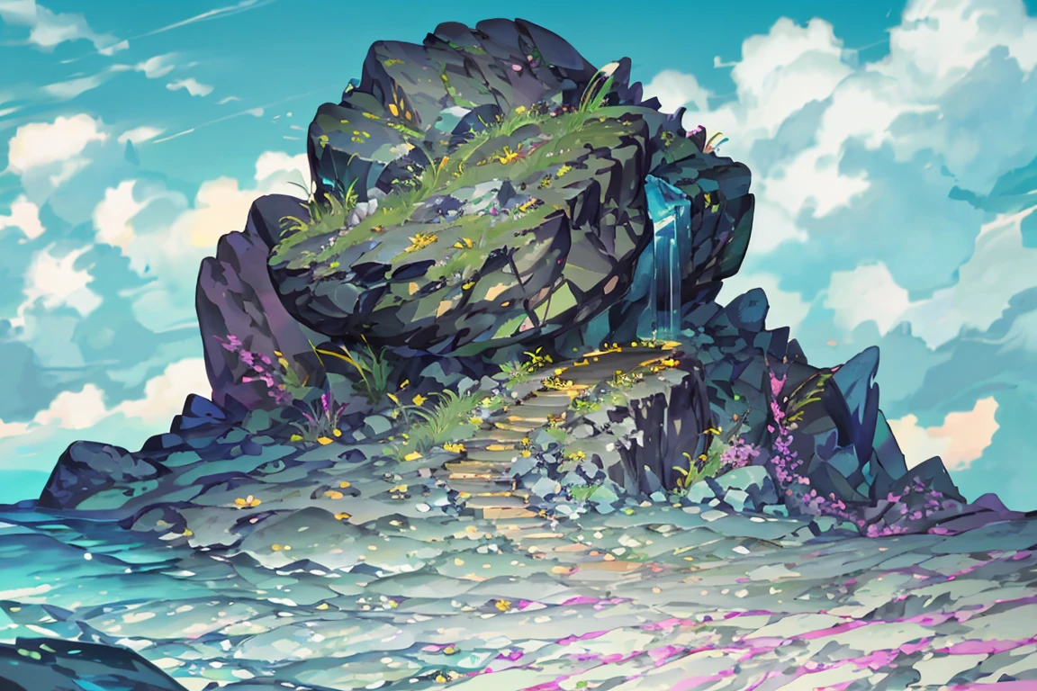 summer, rocky area, rock formation, diamond rocks, There are diamonds on the floor (illustration : 1.0), Narrative construction, realistic lighting, HD detail, masterpiece, best quality best, (Highly detailed CG integrated 8k wallpaper), rocky area, diamond pillar, diamond rocks