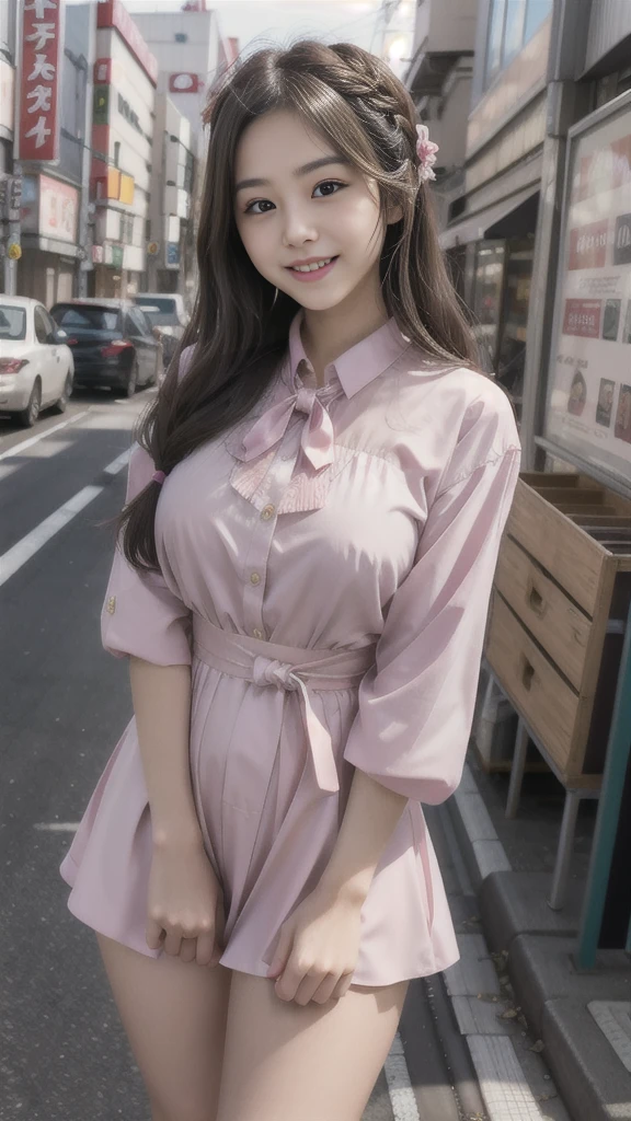 Raw photo、Ultra-realistic、Ultra detailed face、Detail lips、Detailed eyes、High school girl smiling showing her teeth、Long Hair:1.1、chest、Visible curves、Laughing with your mouth open 、Tokyo city角、 Whole body、( Slender body)、(Long Hair)、Big Breasts、Idol、(pastel colour)、18-year-old、Small face、Braid、 Tokyo city、Long beautiful legs 1.2、Curved waist、flower、uniform、blouse、Wide forehead