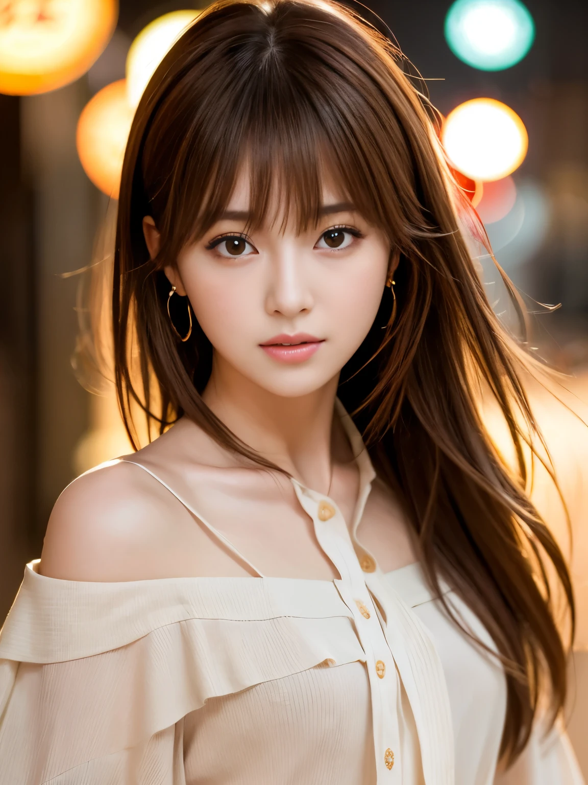 Ultra-high resolution, Superior Quality, Highest quality, Super detailed, Realistic, 8K, RAW Photos, Highest quality, masterpiece, Attractive girl, A wonderful girl, Brown Hair, Shoulder-length layered, Asymmetrical bangs, Japanese Idols, Sophisticated, stylish, blouse,