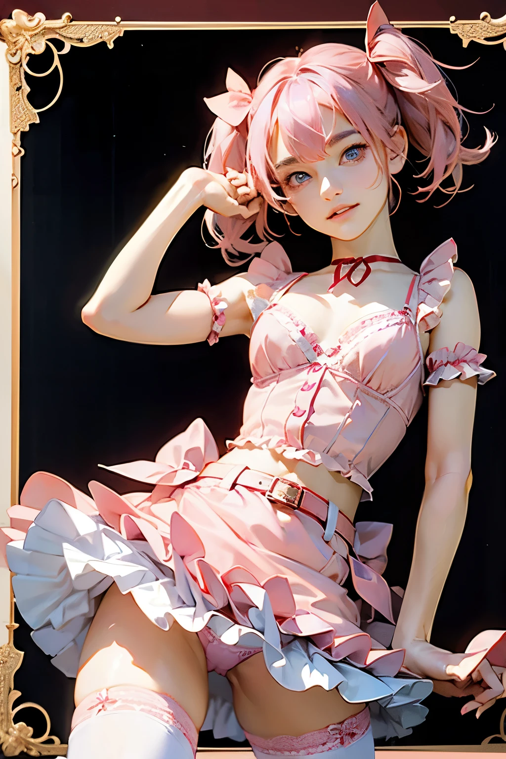 ((Lingerie model)), zoom, masterpiece, Highest quality, High resolution, Madoka Kaname, Madoka Kaname, One Girl, jewelry, Knee socks, Pink Hair, twin tail hair, Frills, White and pink lolita outfit, ((Comfortably showing off your panties)), Sleeveless, , belt, , 