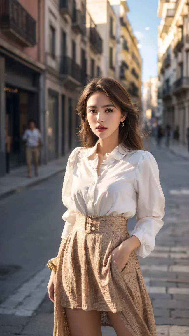 madrid、street、fashion brooch、real、snapshot、elegant、model、fashion mode、In front of the building wall、(Best Quality,4k,8k,high resolution,Masterpiece:1.2),ultra detailed,(realist,photorealist,photo-realist:1.37),HDR,studio lighting,sharp focus,