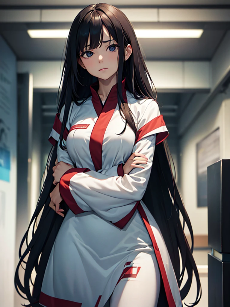 (masterpiece、top-quality、hight resolution), A female interviewee during an interview, finding it difficult to answer a particular question. The focus is on her upper body, showing her expression of hesitation and discomfort. She is dressed formally and appears composed, but her body language, such as a slight fidget or a nervous glance, indicates her unease. The question she is struggling with is not related to a crime but is still something she finds challenging to discuss openly in a public setting. The background suggests a professional interview environment, perhaps with a microphone or a recording device in view.