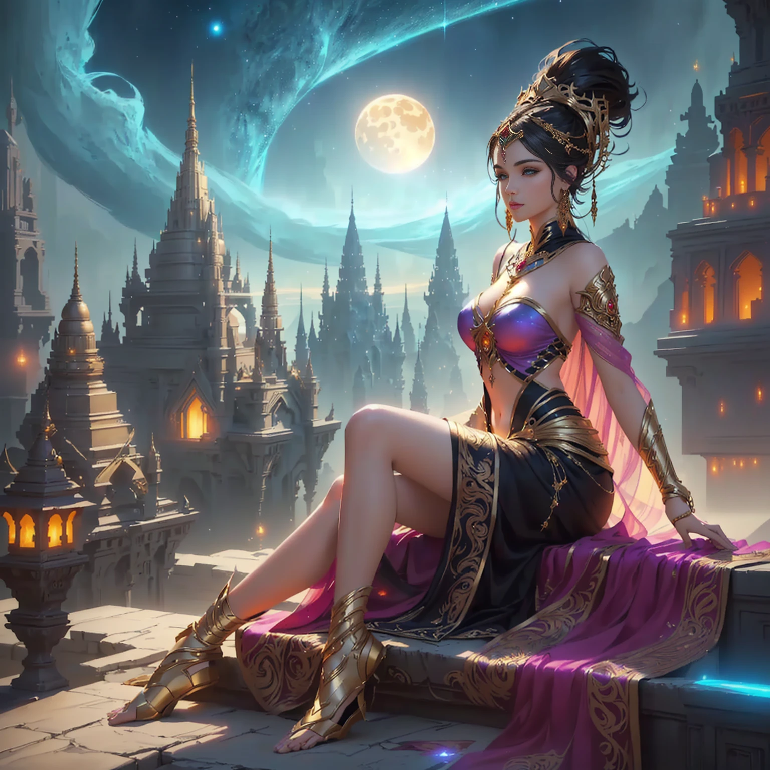 There are beautiful Indian women. ,Gold Jewelry,golden cloth,One person sits on the edge with the night sky as a backdrop., beautiful fantasy art, Ross Tran 8g, Thiti Luatthong, Beautiful Fantasy Empress, very beautiful fantasy art, 4k fantasy art, Beautiful digital artwork, beautiful fantasy girl, Amazing 8k artwork, Argerm Julie Bell Beeple, fantasy style art, Amazing fantasy art