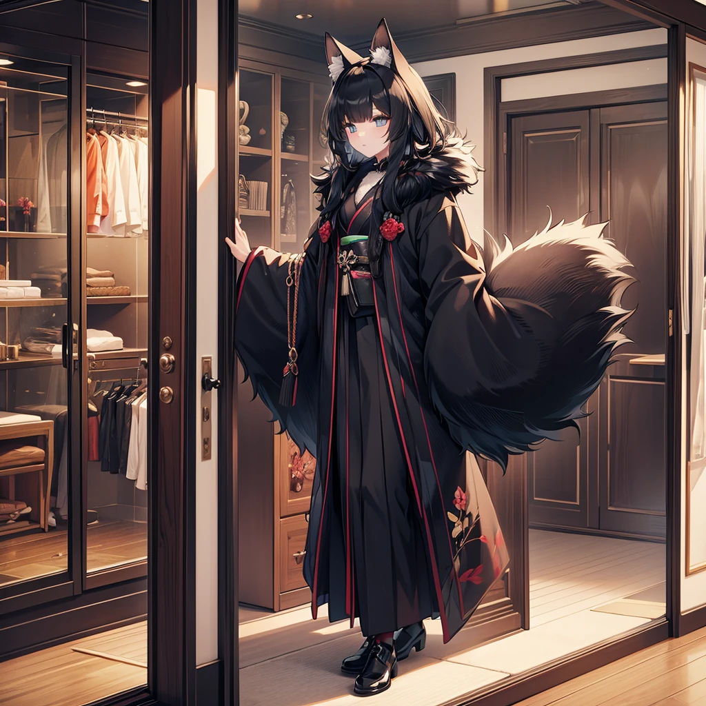 beautiful black enchanted furry kimono, in wardrobe, no people