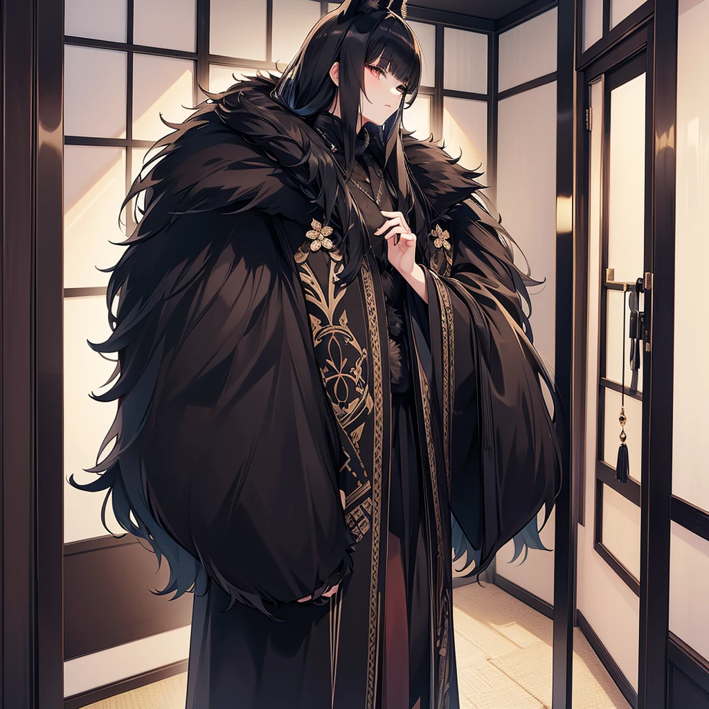 beautiful black enchanted furry kimono, in wardrobe, no people 