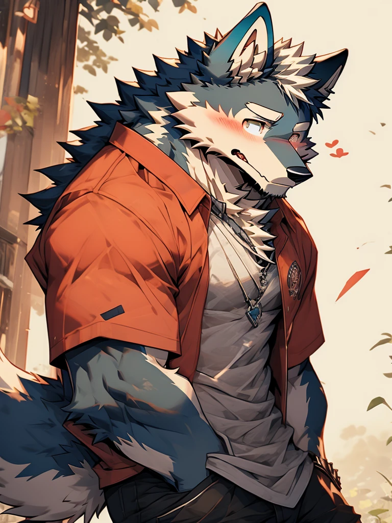 male，Wolf，Blue-black fur，teenager，Fangs，Blush