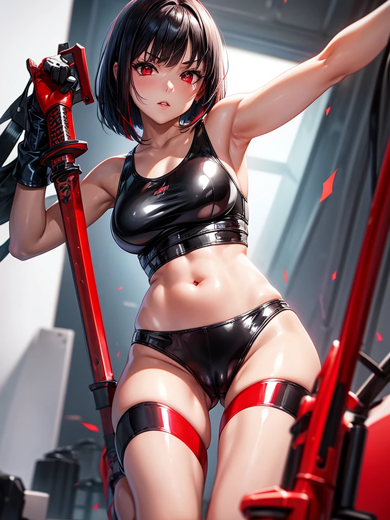 solo girl,Glossy metalic light silver tank top, tight latex shiny, Red interpolation color,Black hair bob,red eyes, camel toe, Samurai Sword,
Lift one leg, sexy lady, กางเกงใน girl,