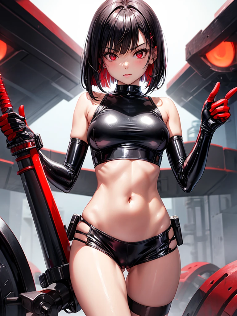 solo girl,Glossy metalic light silver tank top, tight latex shiny, Red interpolation color,Black hair bob,red eyes, camel toe, Samurai Sword,
Lift one leg, sexy lady, กางเกงใน girl,