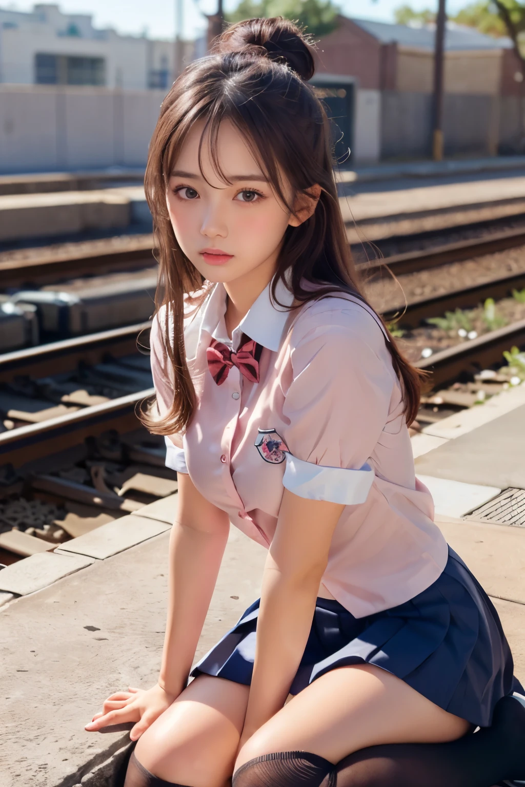 (Showing off panties:1.2), (Professional portrait, Realistic and perfectly shaped subjects:1.3), (masterpiece, highest quality:1.2), (Realistic, Ultra-realistic, Realistic:1.3), (ultra High resolution), High resolution, Intricate details, Super detailed, (Highly detailed CG, unity 8k wallpaper:1.3), Clear image,
break
(1 Japanese girl, ), (cute, Slender figure), (Perfect Anatomy, Correct limbs:1.2), (Perfect hands), Perfect Arms, Beautiful and delicate face down to the last detail, Beautiful and delicate eye and eye highlights, (Very thin and delicate、not too long lashes), (Captivating eyes, Beautifully detailed eyes and face), light makeup, Pink Lip, Lip gloss, Stylish face, (Shiny skin, Realistic skin detail), Brown Hair, Plump breast,
break
((school uniform)), (High school girl), (Black socks), shirt open
break
Sitting in the railroad, (Cowboy Shot), break
(((blush:1.4))), ((Embarrassing:1.4)), (((shy:1.5)))
break
from below
break