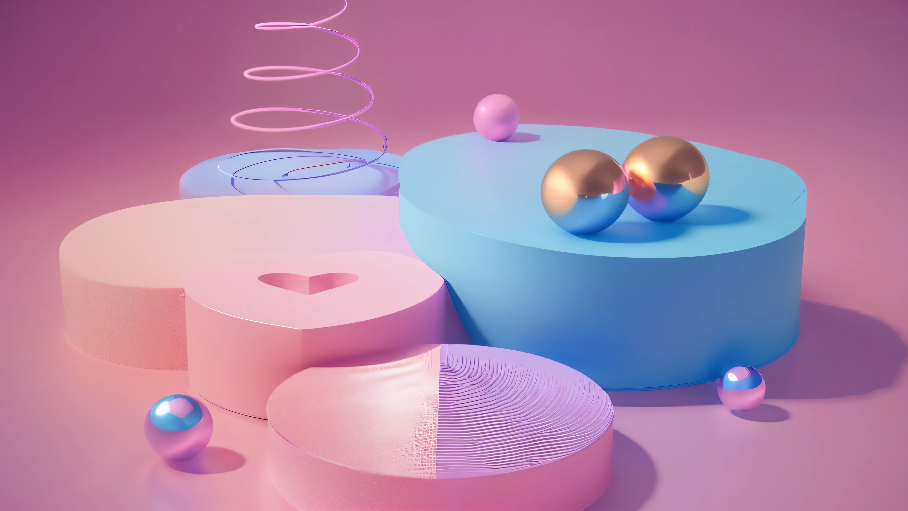 (best quality：1.4)，（Best results：1.4），（Ultra-clear picture quality：1.4），（The details are extremely clear：1.2），There are three heart-shaped boxes and a golden ball, Soft and colorful 3D, Cinema 4D Color Rendering, Playful composition, Cute 3d rendering, Loop 3D rendering, Cycles4d Rendering, Soft colors, Soft 3D Rendering, stylized layered shapes, Blue and pink, 3d illustration, Floating spheres and shapes, 3d illustration