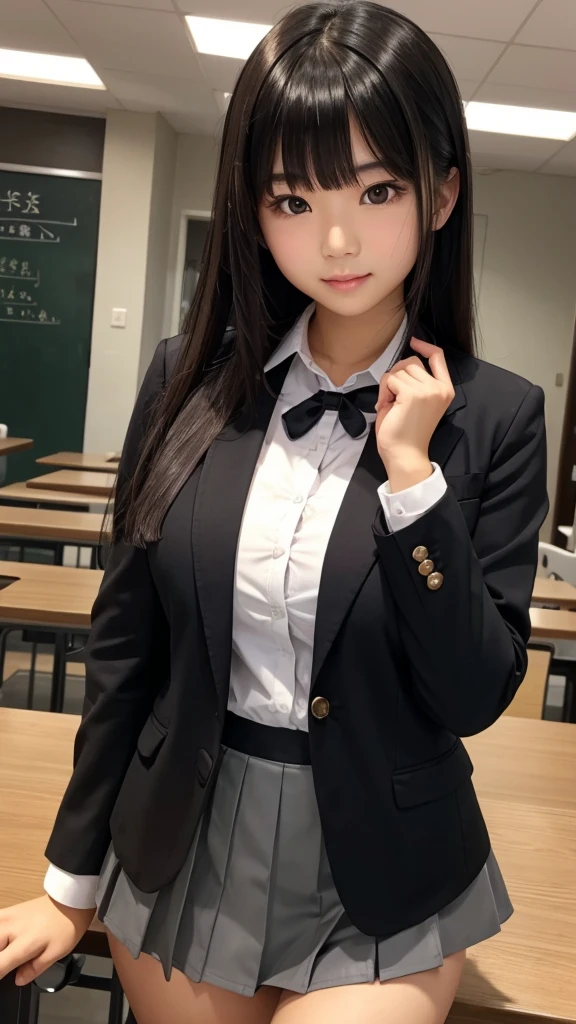 ((Tabletop)), (Detailed face), (highlight),　Asian Girl、Big breasts、thigh、Black Hair、Heavy bangs、high school girl、skirt、blazer、