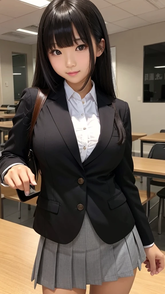 ((Tabletop)), (Detailed face), (highlight), Asian Girl、Big breasts、thigh、Black Hair、Heavy bangs、high school girl、skirt、blazer、