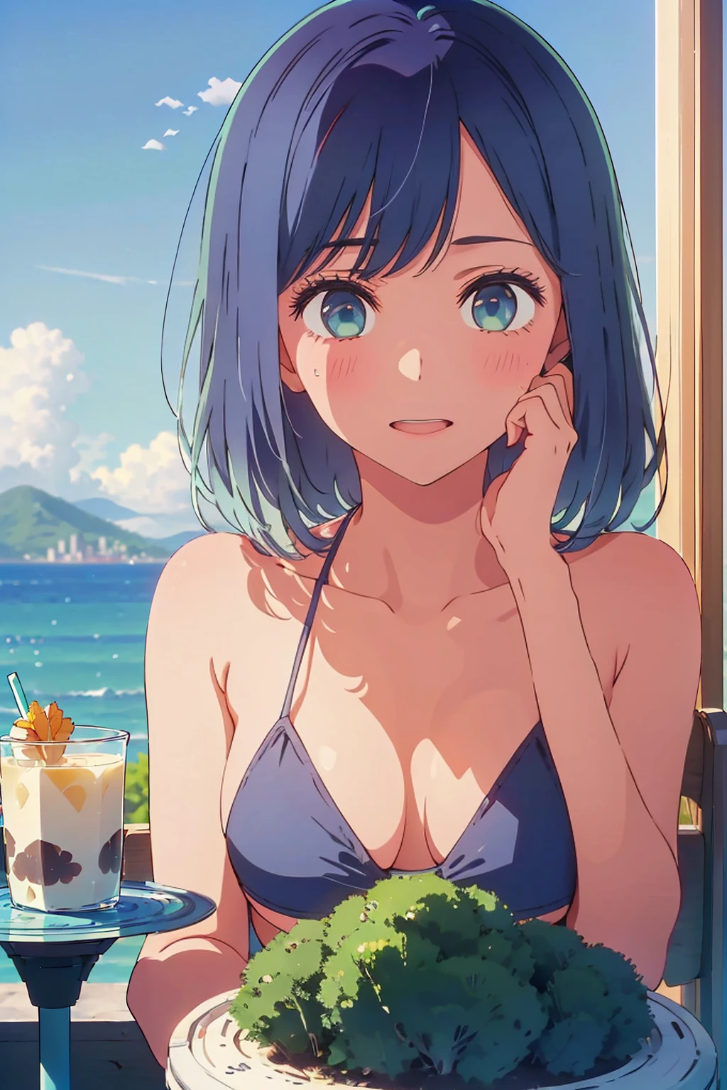 (Highest quality:1.4、masterpiece:1.4、Super detailed:1.4、8K:1.4)、F cup bust、Big Breasts、Slim body、Very white beautiful skin、((((1 person、Surprised expression、sit、Chair、In the background are the urban buildings of Tokyo、looking at the camera、Outdoor café terrace、coastal、Navy hair color、juice、Shooting up close、table、Very cute face))))、(Pose of putting hair behind ears with hands:1.4)、((nude、Areola、bikini size too small))、Very blue sky、A completely cloudless sky