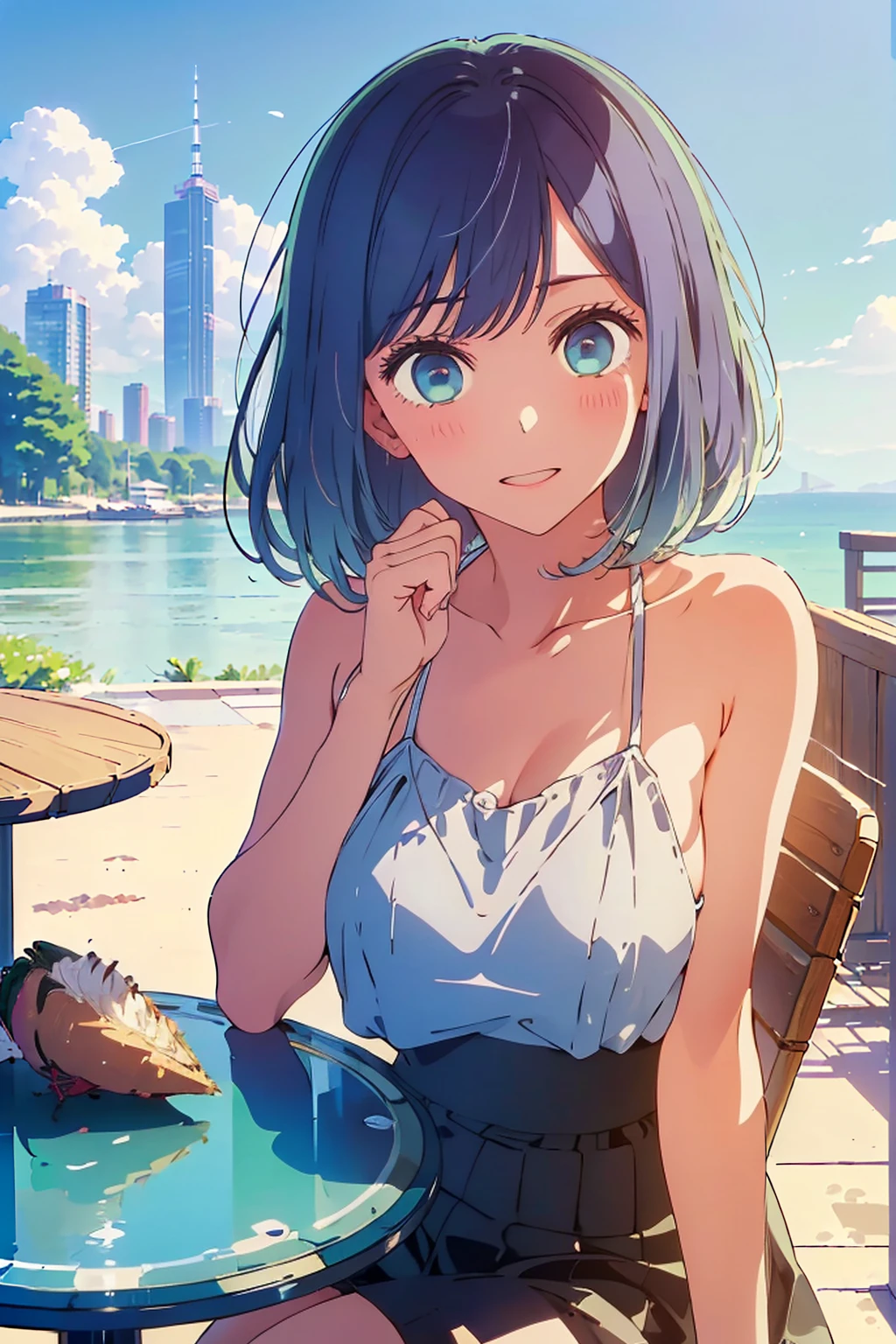 (Highest quality:1.4、masterpiece:1.4、Super detailed:1.4、Ultra-high resolution:1.4、8K:1.4)、F cup bust、Big Breasts、Slim body、((((1 person、Surprised expression、sit、Chair、In the background are the urban buildings of Tokyo、looking at the camera、Outdoor café terrace、coastal、juice、Shooting up close、table、Very cute face))))、(Pose with hands tucked behind ears:1.4、Cheek resting on hand:1.4）、((nude、very beautiful areola、camisole))、Sideboob、Nipples、Very blue sky、A completely cloudless sky