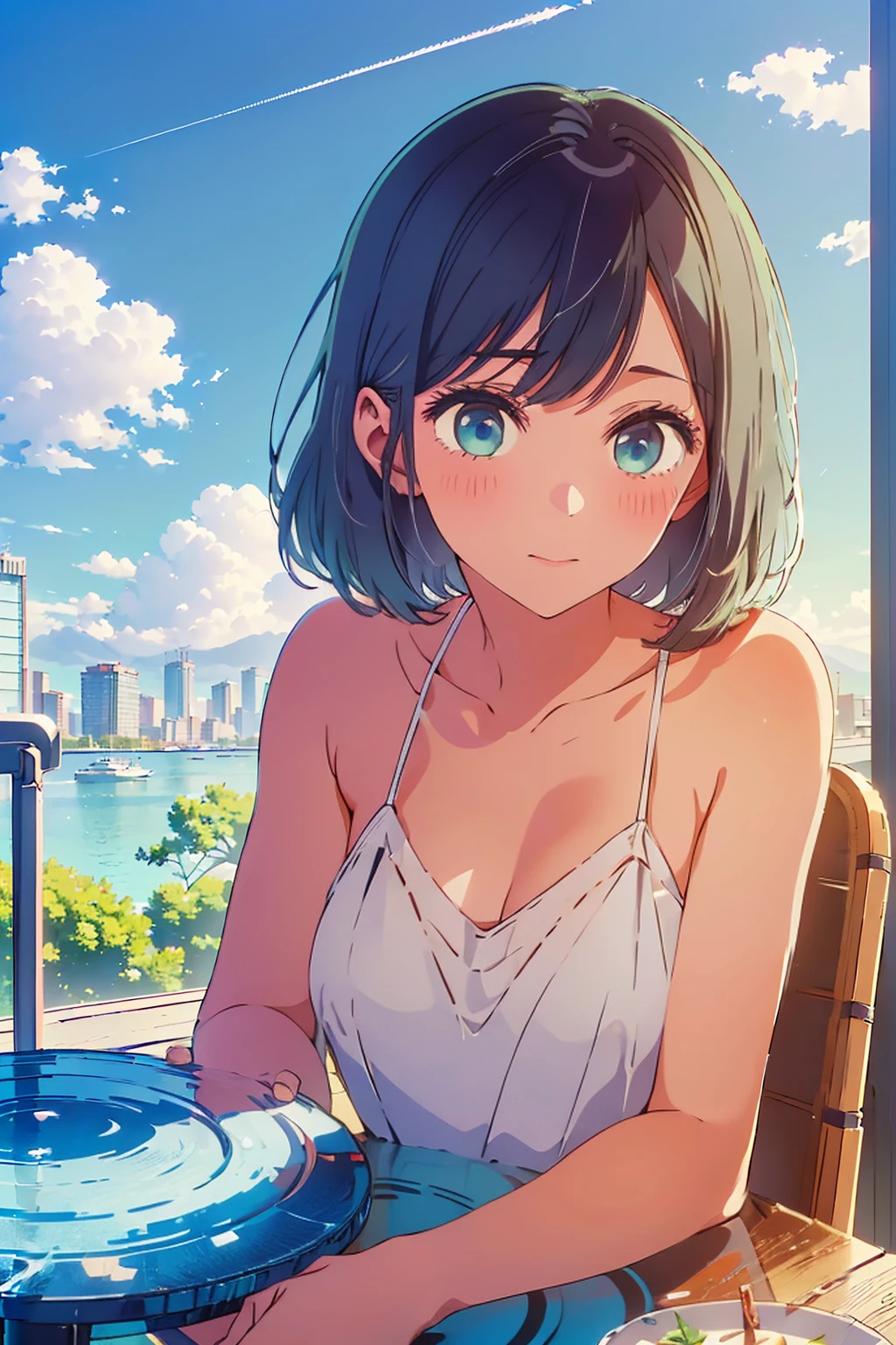 (Highest quality:1.4、masterpiece:1.4、Super detailed:1.4、Ultra-high resolution:1.4、8K:1.4)、F cup bust、Big Breasts、Slim body、((((1 person、Surprised expression、sit、Chair、In the background are the urban buildings of Tokyo、looking at the camera、Outdoor café terrace、coastal、juice、Shooting up close、table、Very cute face))))、(Pose with hands tucked behind ears:1.4、Cheek resting on hand:1.4）、((nude、very beautiful areola、camisole))、Sideboob、Nipples、Very blue sky、A completely cloudless sky