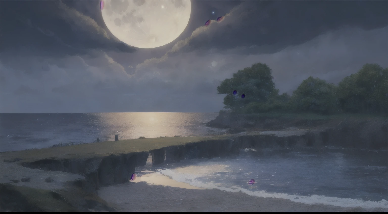 (masterpiece:1.2, best quality), (very detailed), (nostalgia and peace:1.3), professional (landscape) natural, (Beach at night), sideline, (moonlight on tree leaves, dark clouds, dark night, full moon, dark lighting), (illustration), (super fast), (delicate illustration), (very detailed), (super detail:1.3), professional lighting, cinematic lighting,Rainy day