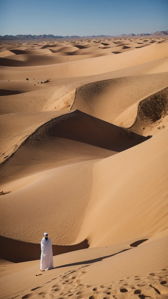 
The photo shows a Muslim preaching in front of a group of other Muslims, against the backdrop of a beautiful desert