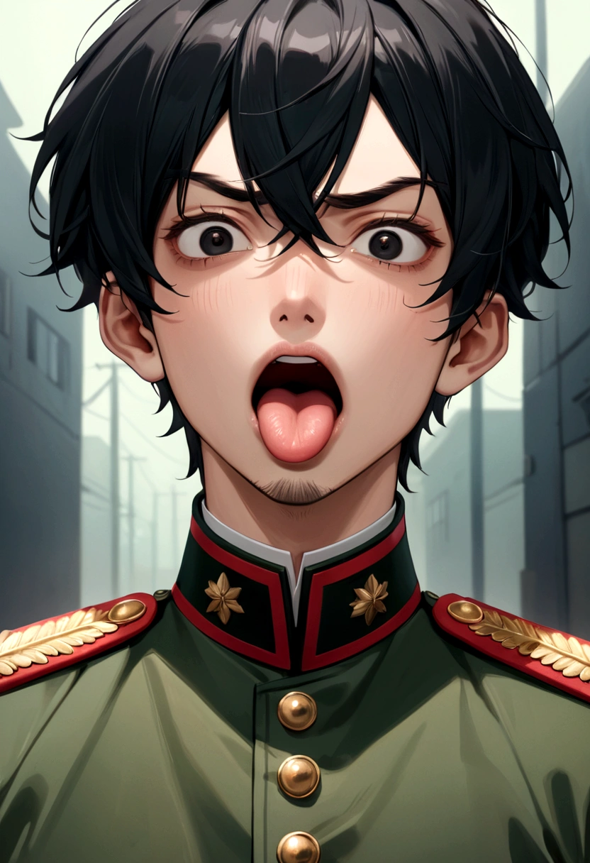 One cool guy、Mouth open、Frustrated expression、Green military uniform、Black Hair、Dark Eyes