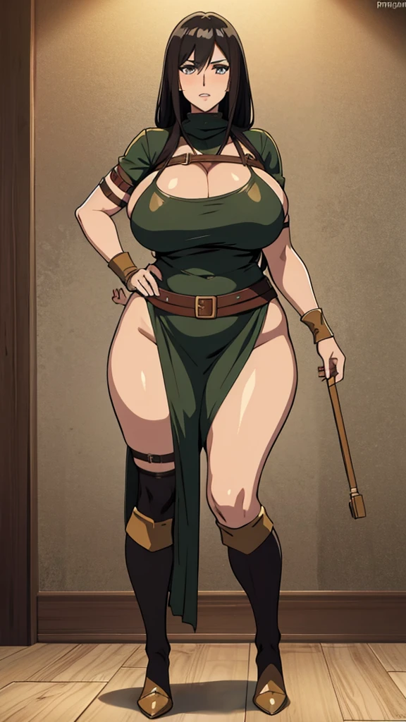 Barbarian, Mature female, plump, medieval europion,Miner's outfit, full body image