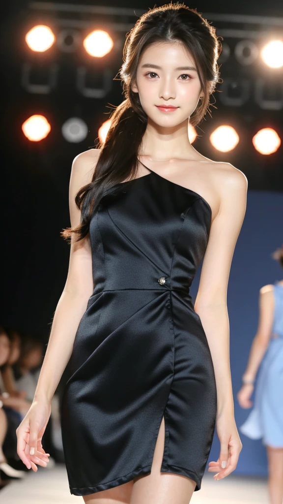 One Woman,Full body photo Best quality, high quality, The background is clear，Beautiful woman, Japanese, detailed, detailed eyes, detailed skin, Beautiful Skin, 超High resolution, (reality: 1.4),Very beautiful woman, 21-year-old Japan woman、Beautiful Skin, thin, (Ultra-photorealism), (High resolution), (8K), (非常にdetailed) (Beautiful and detailed eyes), (非常にdetailedな),   (detailed face), Displaying the viewer, Fine details, detailed face, Staring straight ahead, Staring straight ahead, Photo Real, Bright lighting, Professional Lighting, Black Hair,ponytail,髪型はponytail,ロングponytailの髪型,smile,Wearing a summer dress,Walking the runway at a fashion show,on stage,Get noticed、Slim fashion model
