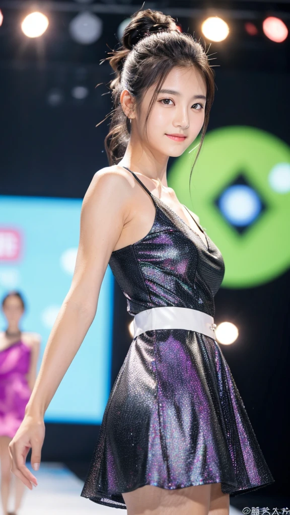 highest resolution, 4k, masterpiece: 1.3), japanese mature, photo of a woman, sexy: 1.1, fine eyes, slender body shape, realistic teeth, smile, double eyelid, whole body, highest quality, be familiar with, beauty,fashion show venue、runway、walking、whole body、Elegant high brand dress